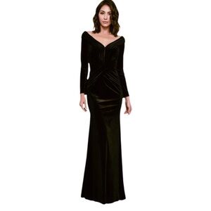 Tadashi Collection Black Velvet Double V-Neck Ruched Gown L